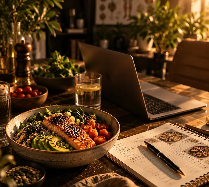 Bol de saumon et légumes sur une table, carnet de suivi à côté