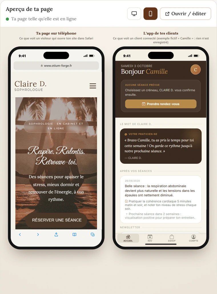 Ma page & site, vue téléphone : la page sur mobile et l'application des clients