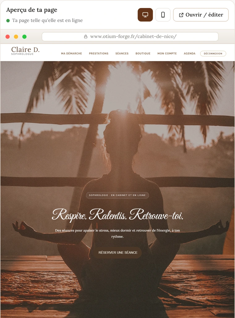 Ma page & site, vue ordinateur : la page d'une sophrologue fictive dans le modèle Classique