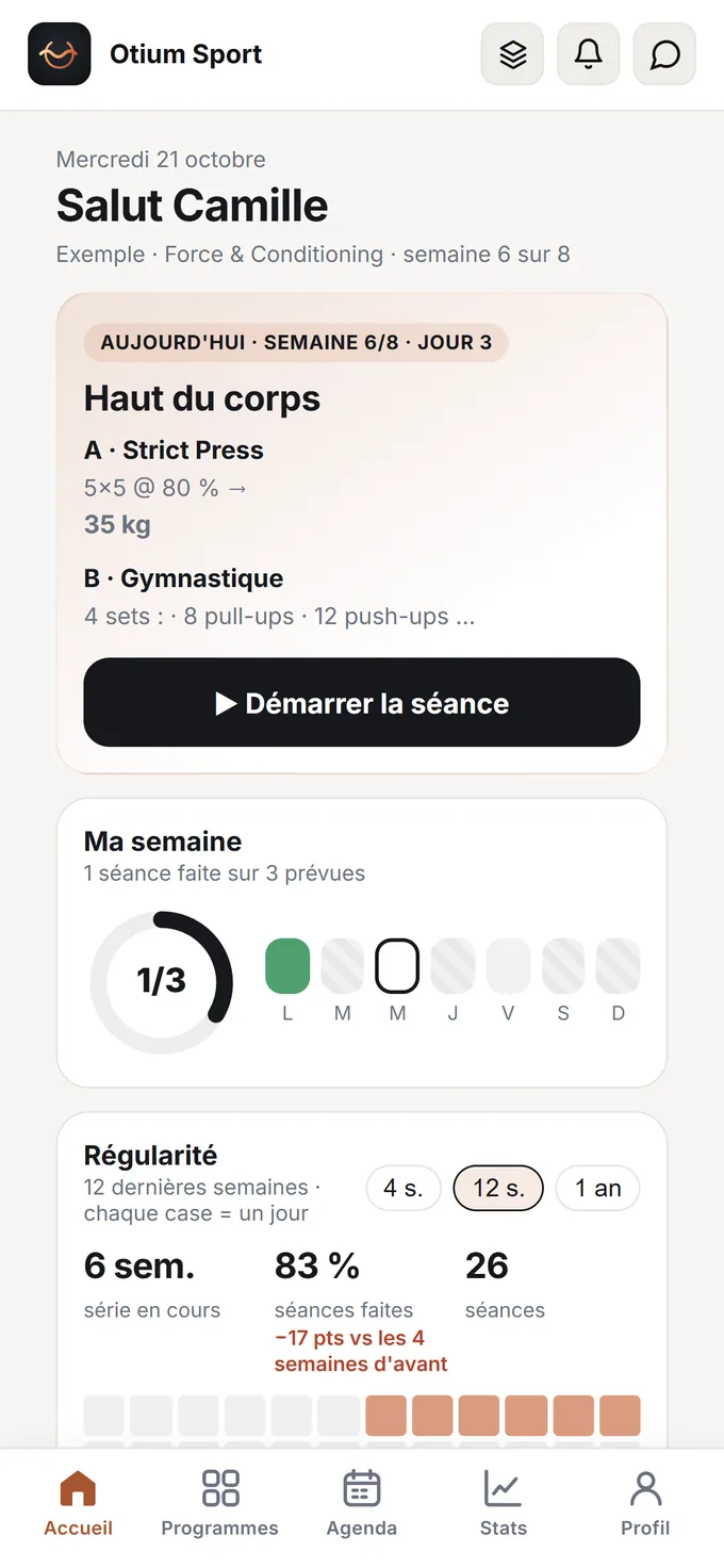 L'accueil de l'app : la séance du jour avec les charges calculées, la semaine et la régularité
