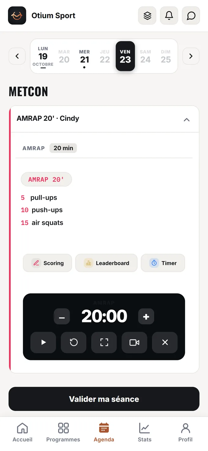Une séance dans l'app : AMRAP 20' Cindy (5 pull-ups, 10 push-ups, 15 air squats) et son chrono prêt à lancer
