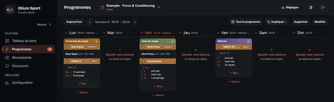 Le programme de la semaine sur ordinateur : une séance par jour, avec ses blocs (Back Squat 5×5 à 80 %, EMOM 12', AMRAP 20')
