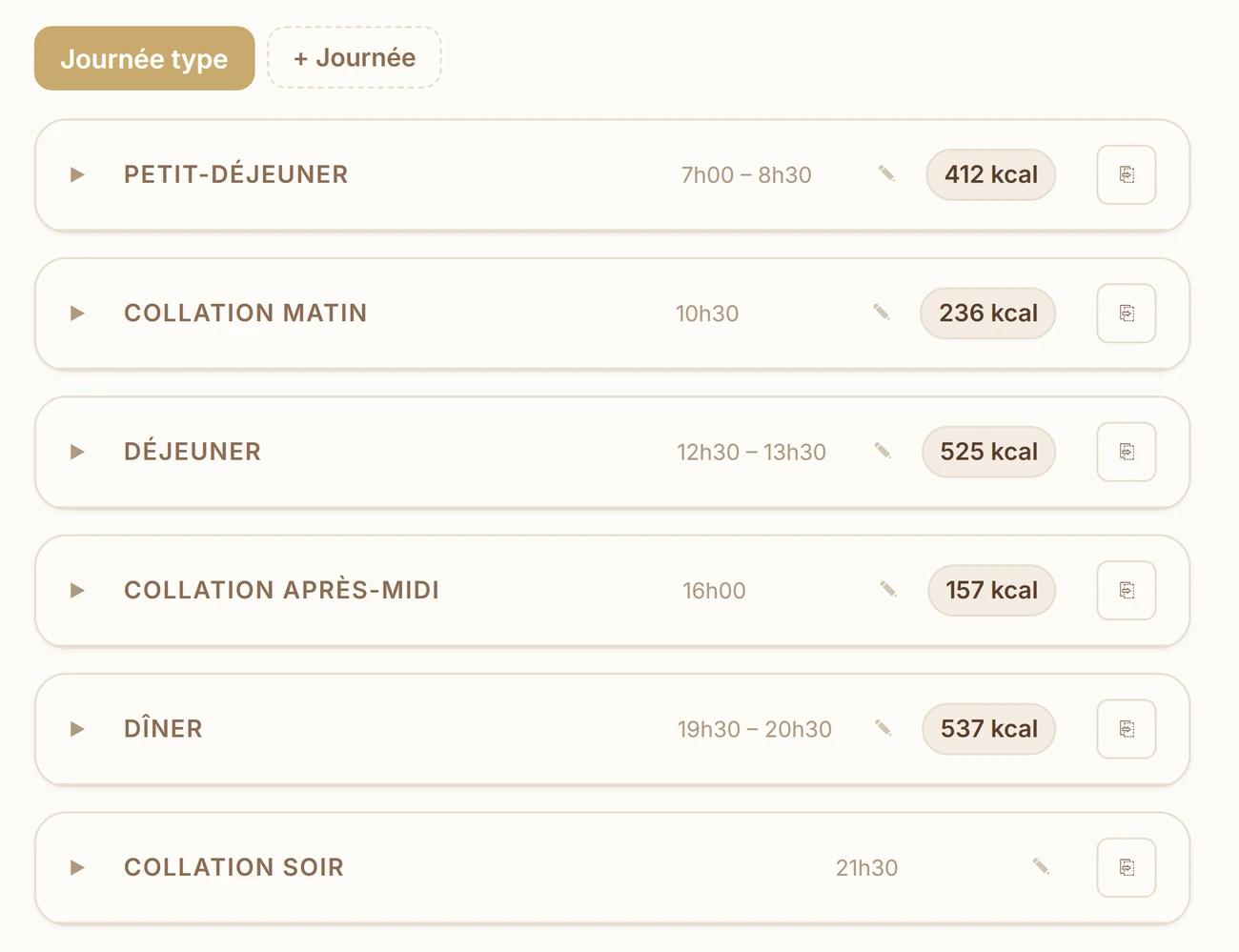 Les repas de la journée type, dans le constructeur