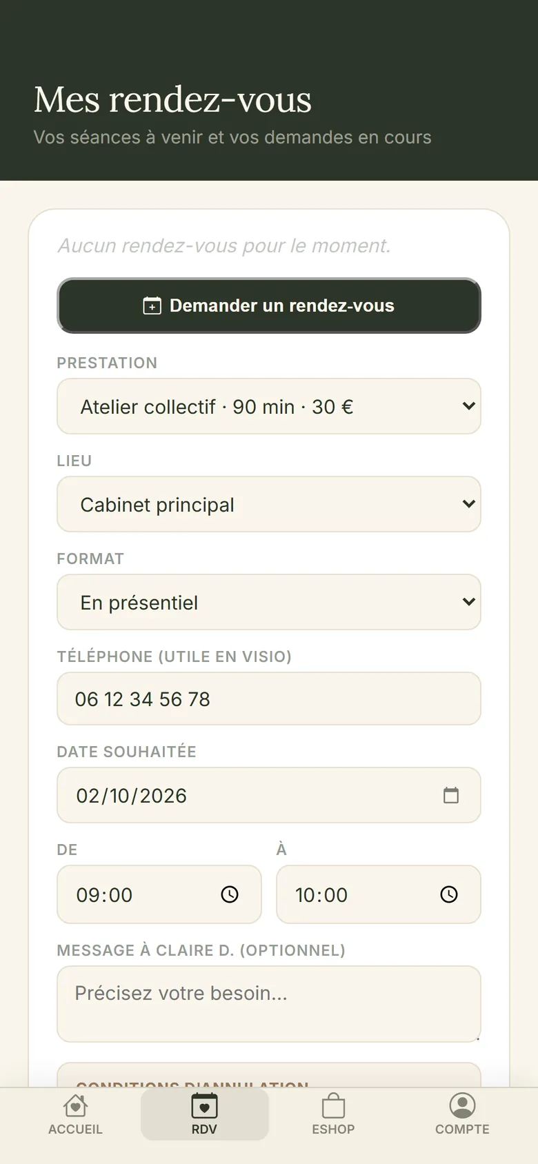 Demande de rendez-vous dans l'application : choix de la prestation, du lieu, du format, de la date et de l'horaire