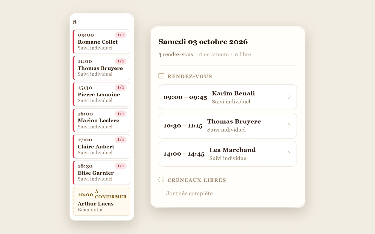 Agenda d'une journée dans Otium Forge : rendez-vous confirmés, une demande à confirmer et la liste des créneaux