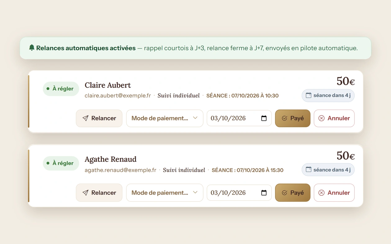 Relances automatiques activées (rappel à J+3, relance à J+7) et deux séances à encaisser, avec les boutons Relancer et Payé