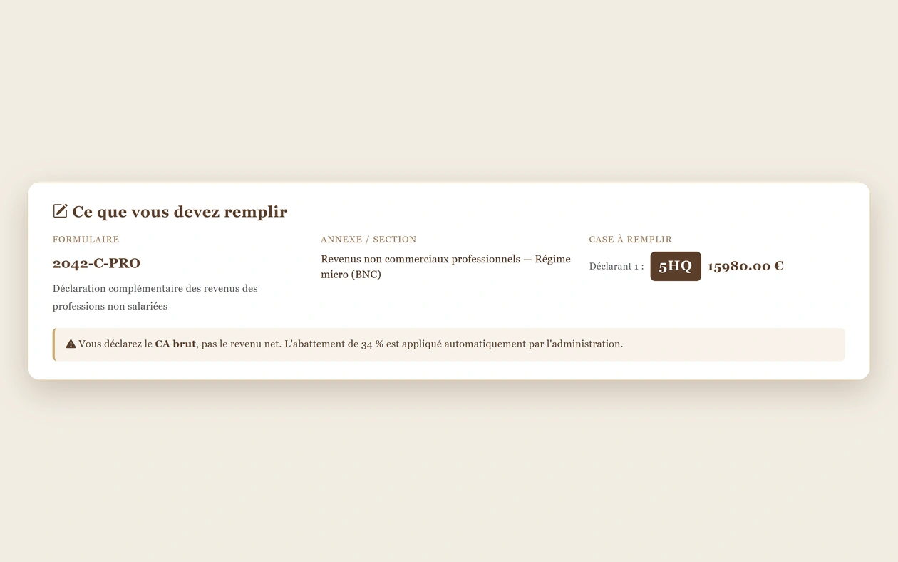 Aide à la déclaration : formulaire 2042-C-PRO, case 5HQ et montant à déclarer