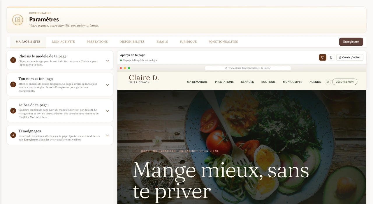 Réglages d'Otium Forge, onglet « Ma page & site » : modèle de la page, nom et logo, bas de page et témoignages, avec l'aperçu de la page à droite